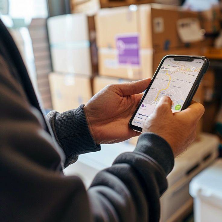 Checking live delivery status on a phone in the warehouse